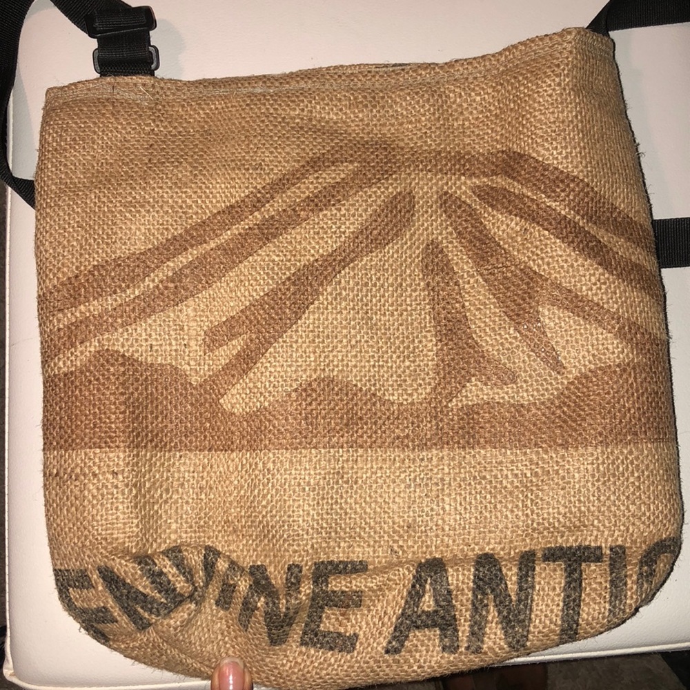 Handmade crossbody made from vintage coffee sacks